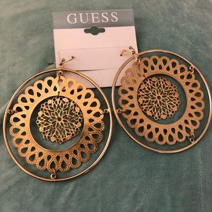 NEW GUESS Gold Filigree Floral Large Hoops Glam